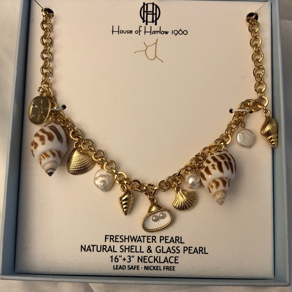 House of Harlow 1960 Jewelry - House of Harlow 1960 Gold Tone Freshwater Pearl, Shell & Metal Charm Necklace